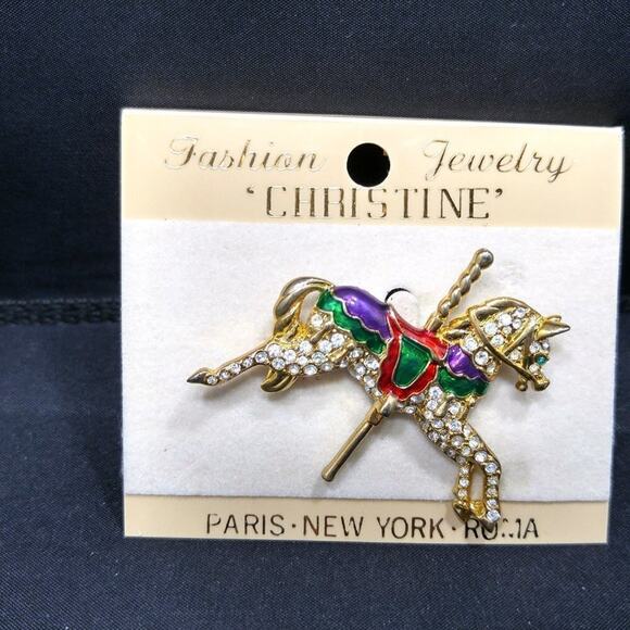 Vintage Carousel Horse Rhinestone Brooch, Red Green Enamel, Taiwan, 2 Inches - Picture 10 of 10